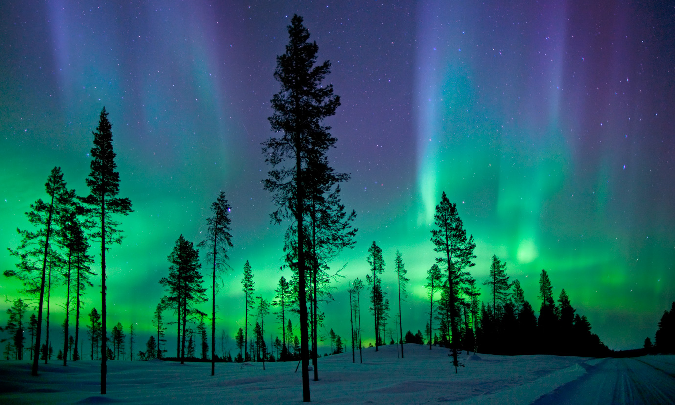 A view of the night sky lit up by the colorful lights of the Aurora Borealis.