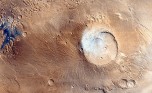Mars volcano, Apollinaris Patera, with bright water-ice clouds near its summit