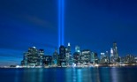 The Tribute in Light shines over the Manhattan skyline in commemoration of the anniversary of the World Trade Center attacks on 9/11/01