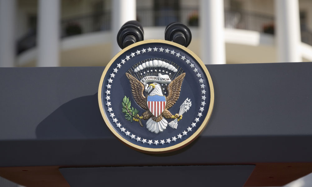Presidential Seal on podium in front of the South Portico of the White House, the Truman Balcony, in Washington, DC on May 7, 2007