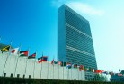 United Nations Building with flags in New York City, New York, USA