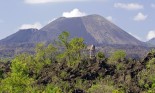 The Paricutin volcano and the ruins of a church in Mexico