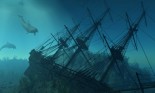 Curious dolphins approach the wreckage of a sunken ship beneath the sea.