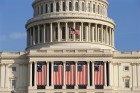 U.S. Capitol building draped with flags, Washington, DC
