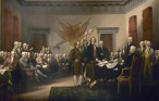 Painting depicting the five-man drafting committee of the Declaration of Independence presenting their work to the Congress