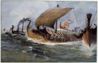 Painting of Viking longships by Albert Sebille