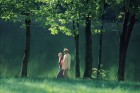 Elderly couple walking outdoors