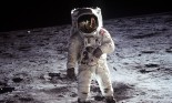 Astronaut Buzz Aldrin, lunar module pilot, walks on the surface of the Moon near the leg of the Lunar Module.