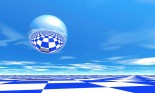 A mirrorized sphere hangs over an infinte blue and white chessboard