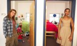 Young women in doorways of neat and messy dorm rooms, portrait
