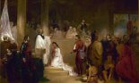 Painting of Pocahontas, wearing white, being baptized Rebecca by Anglican minister Alexander Whiteaker in Jamestown, Virginia