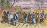 Shortly after the Emancipation Proclamation went into effect on January 1, 1863, many freed slaves escaped to the Union Army lines at Newbern -- wood engraving with modern color