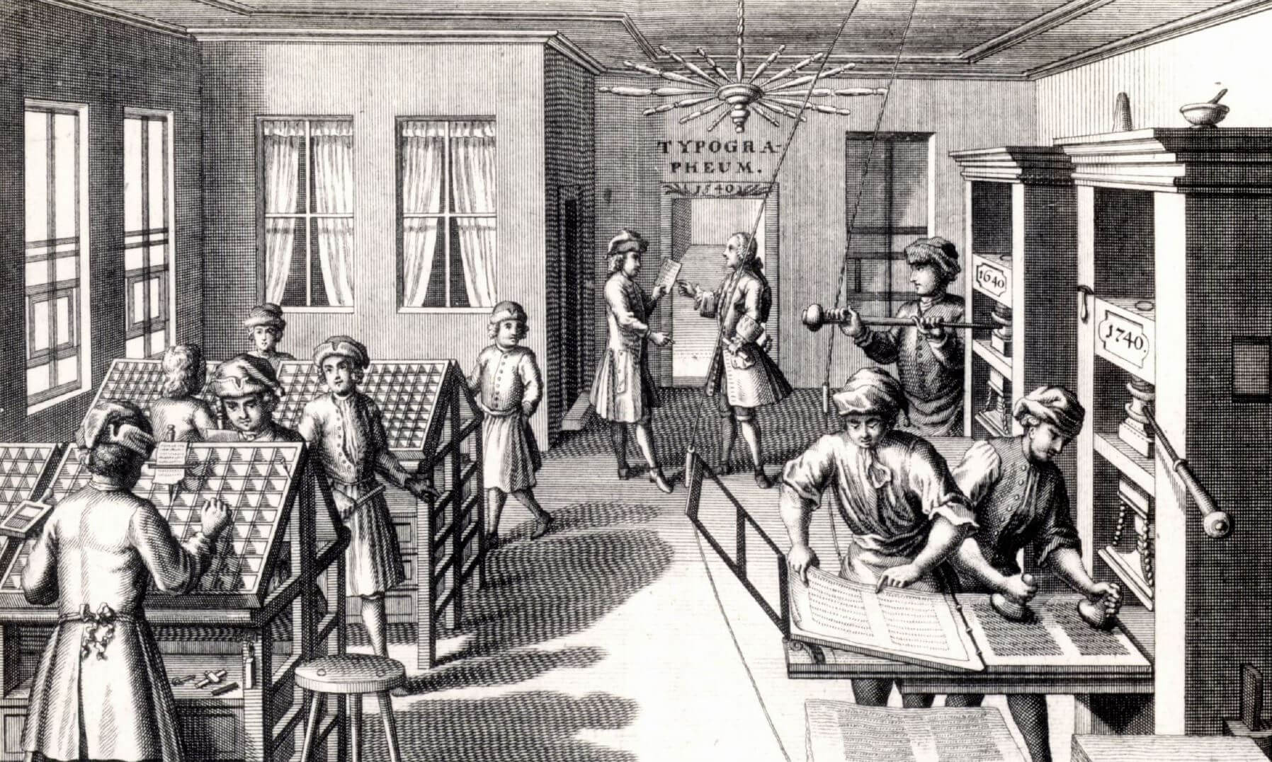 Workers in 18th century printing workshop