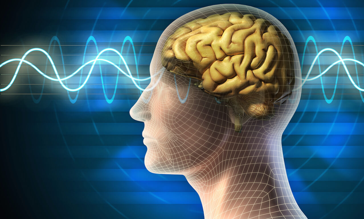 Digital illustration of the human head and brain; different kinds of waveforms produced by brain activity shown on background