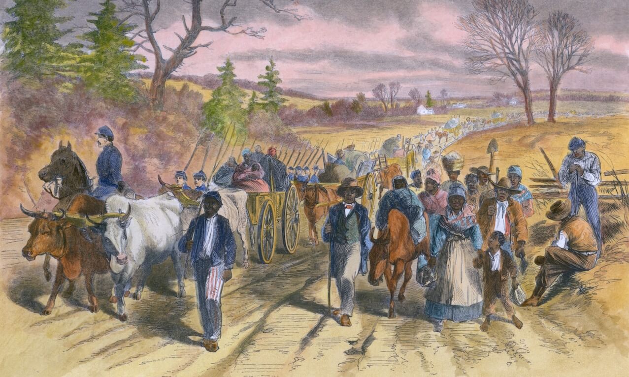 Shortly after the Emancipation Proclamation went into effect on January 1, 1863, many freed slaves escaped to the Union Army lines at Newbern -- wood engraving with modern color