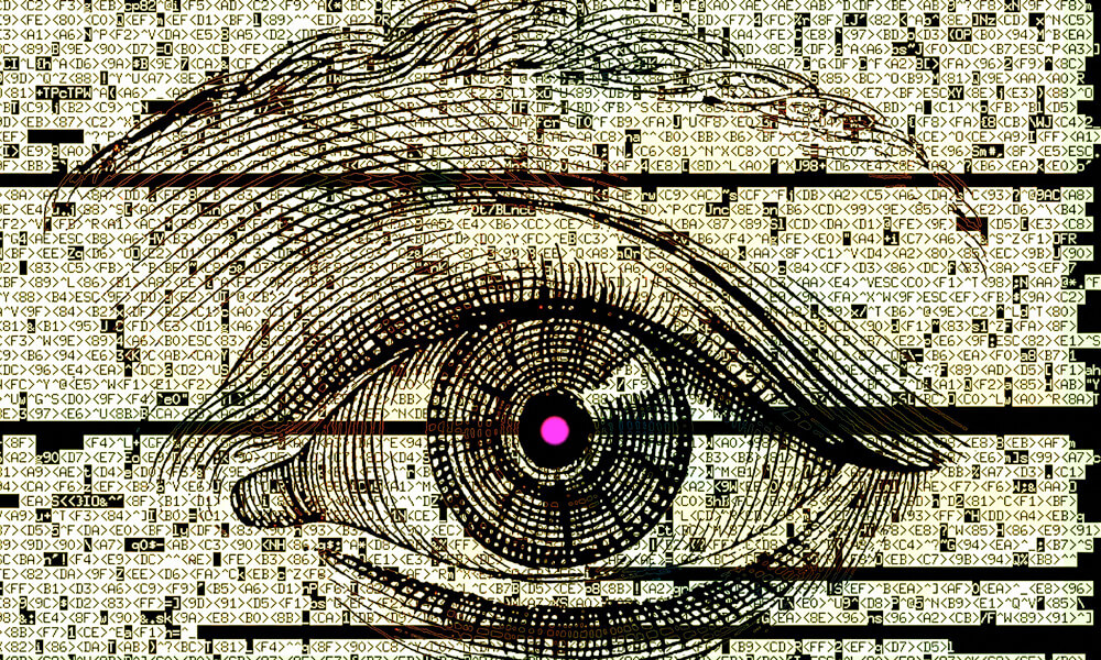 Drawing of eye with code composite over it