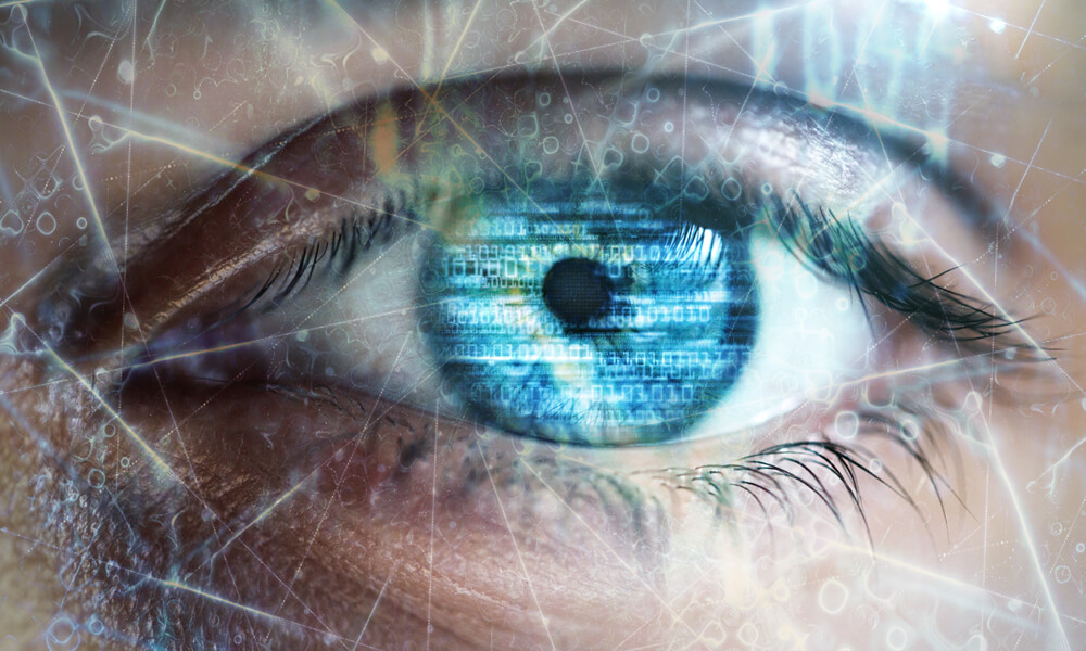 Closeup of a human eye with digital information crossing the iris