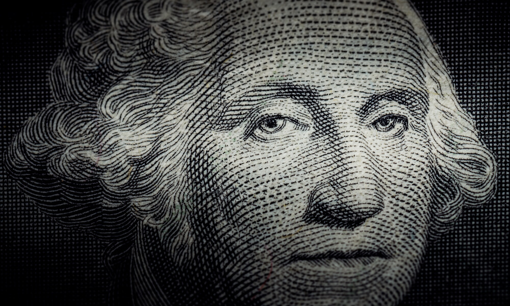 Close up photo of George Washington on One Dollar bill