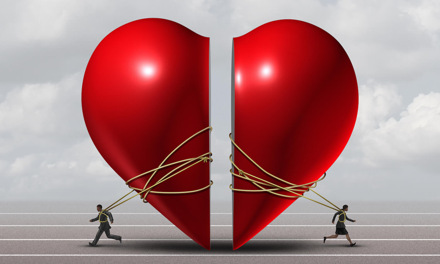 Couple in crisis and relationship problem concept as a man and woman pulling apart a red valentine heart as a divorce or separation metaphor with 3D illustration elements.