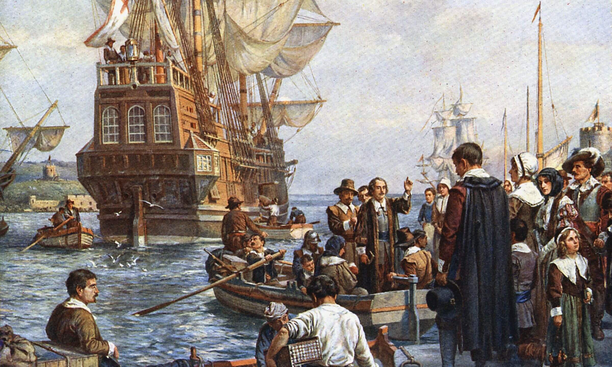 Pilgrims departing on Mayflower