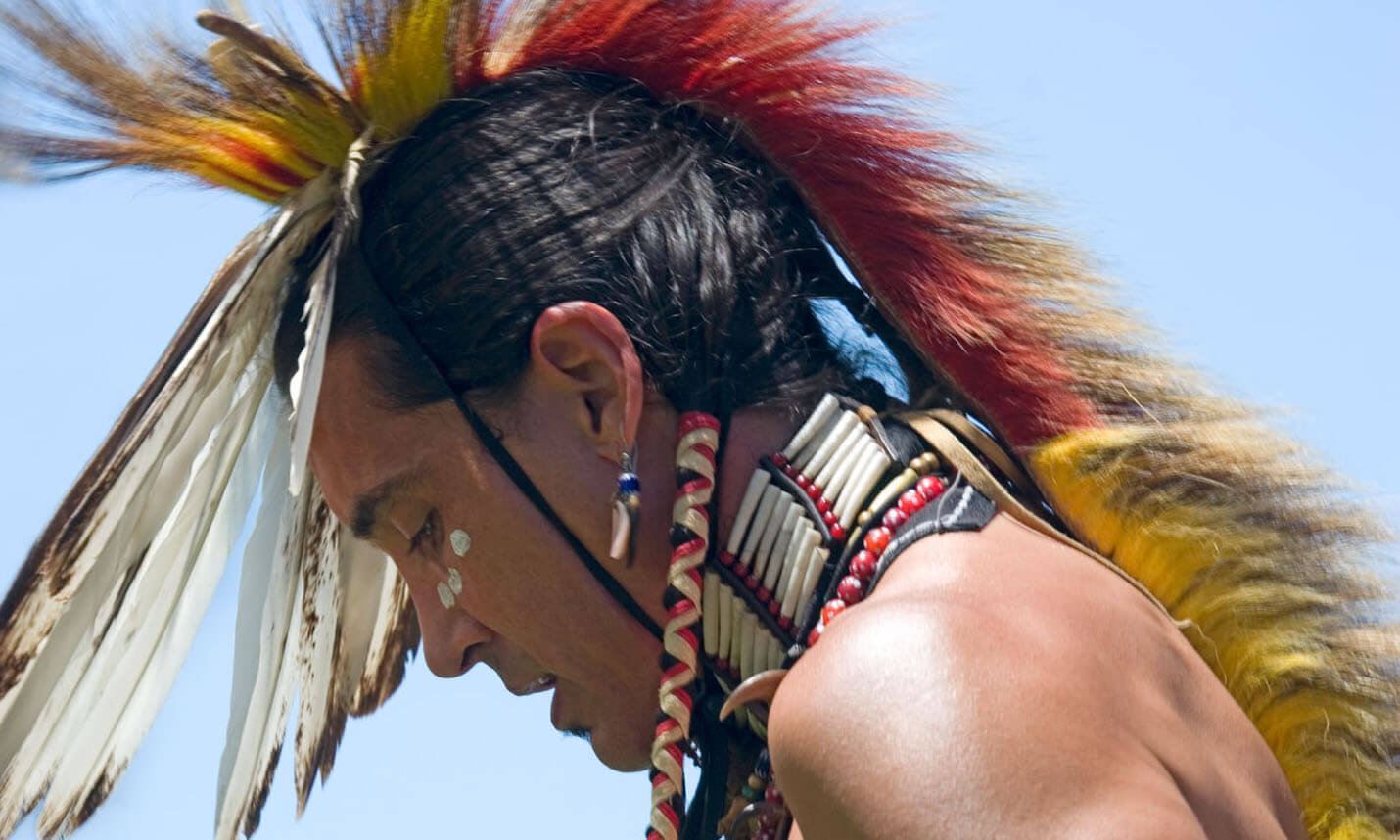 Profile of a Native American wearing a feathered headdress