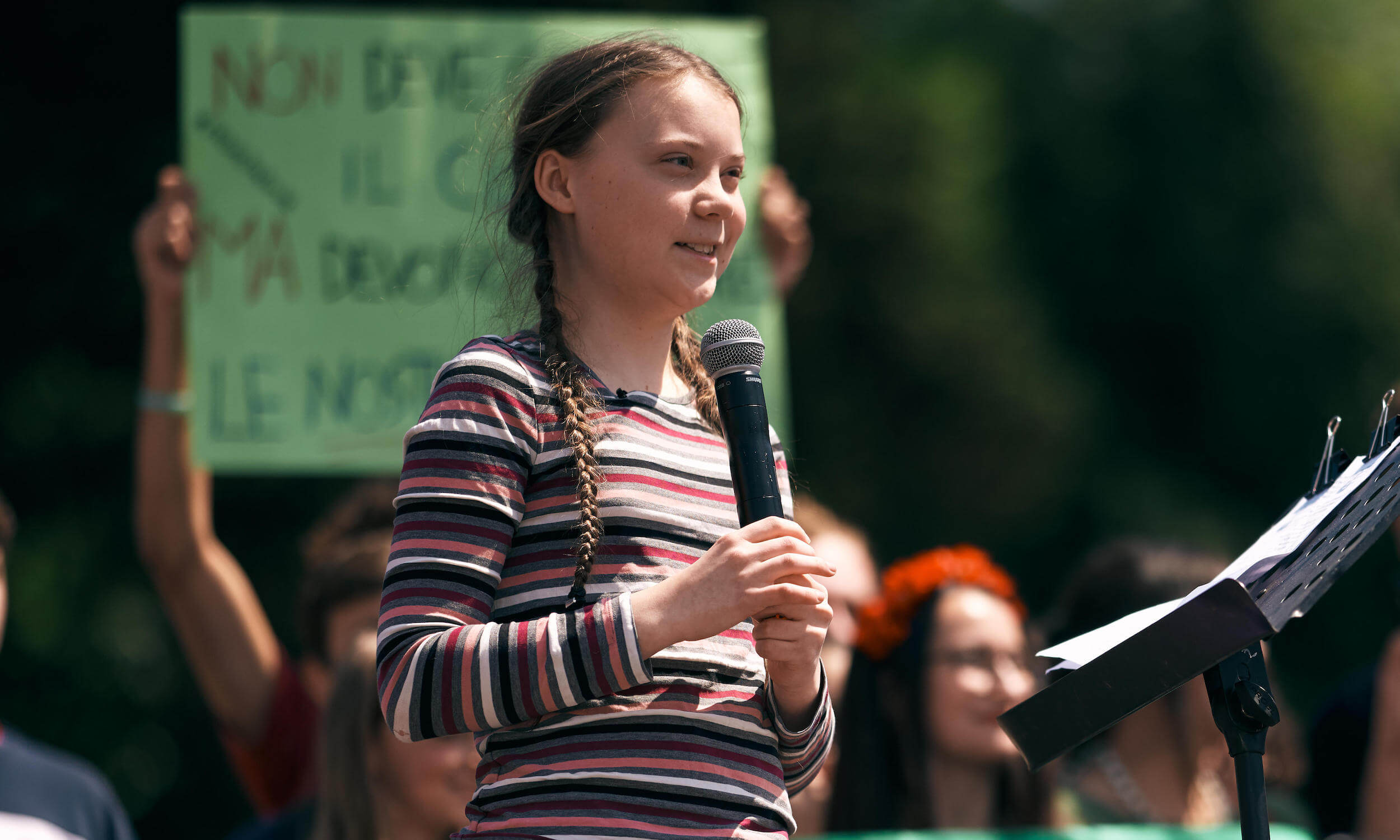 Greta Thunberg speaks in front of crowd