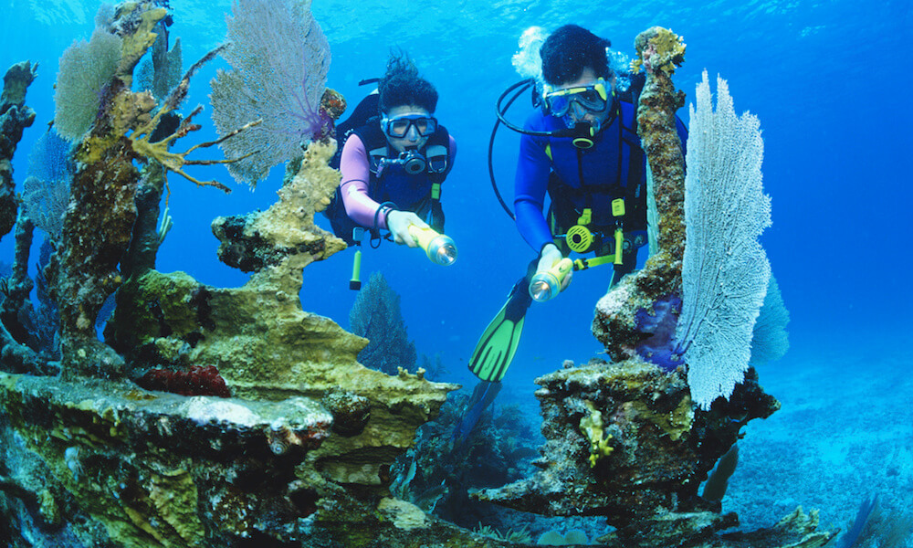 Male and female divers exploring