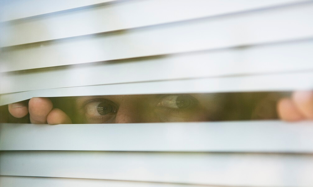 Man looks through window blinds