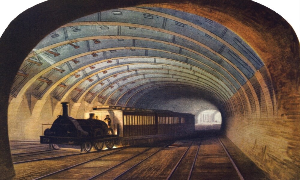 19th-century color print depicting a steam train in a tunnel