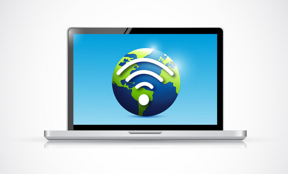 laptop and globe wifi signal illustration design over a white background