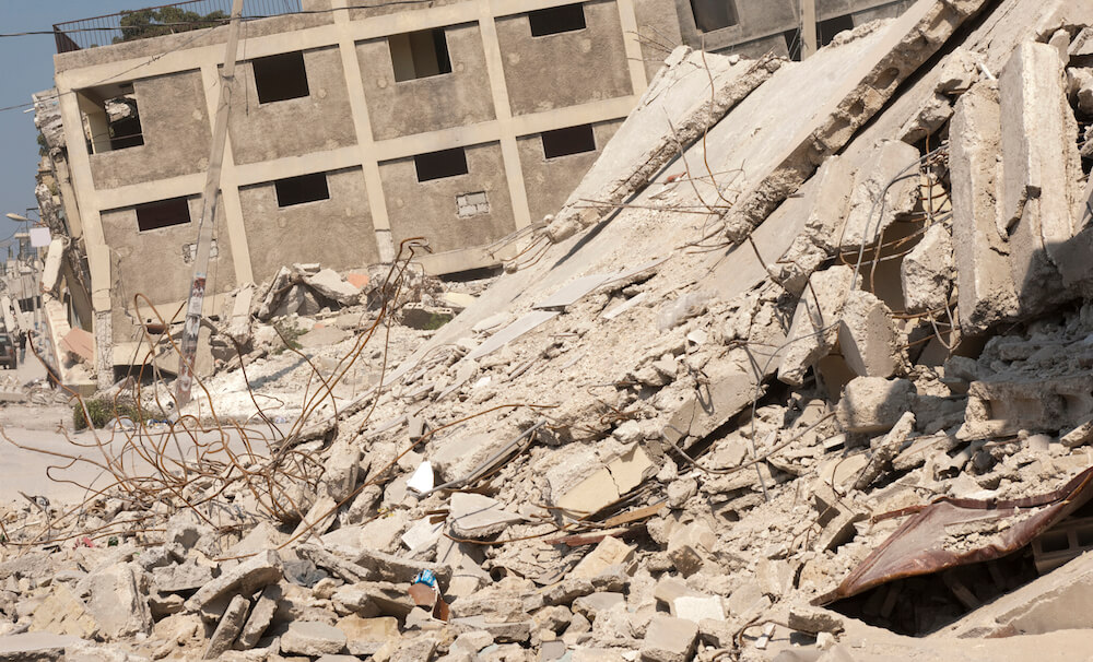destroyed buildings; rubble