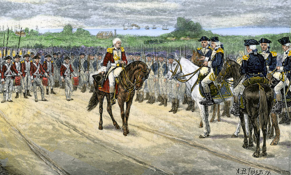 painting of the British army surrendering to the American army at Yorktown in 1781 effectively ending the Revolutionary War