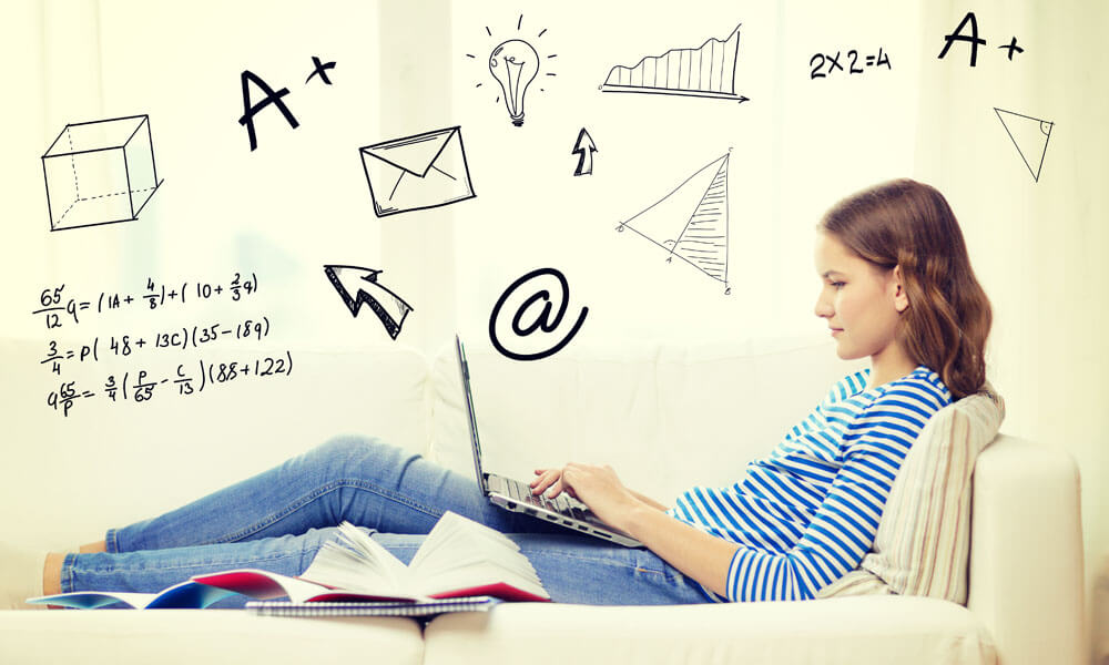 Teenage girl lying on the couch with a laptop computer, with illustrations above her representing ideas and information