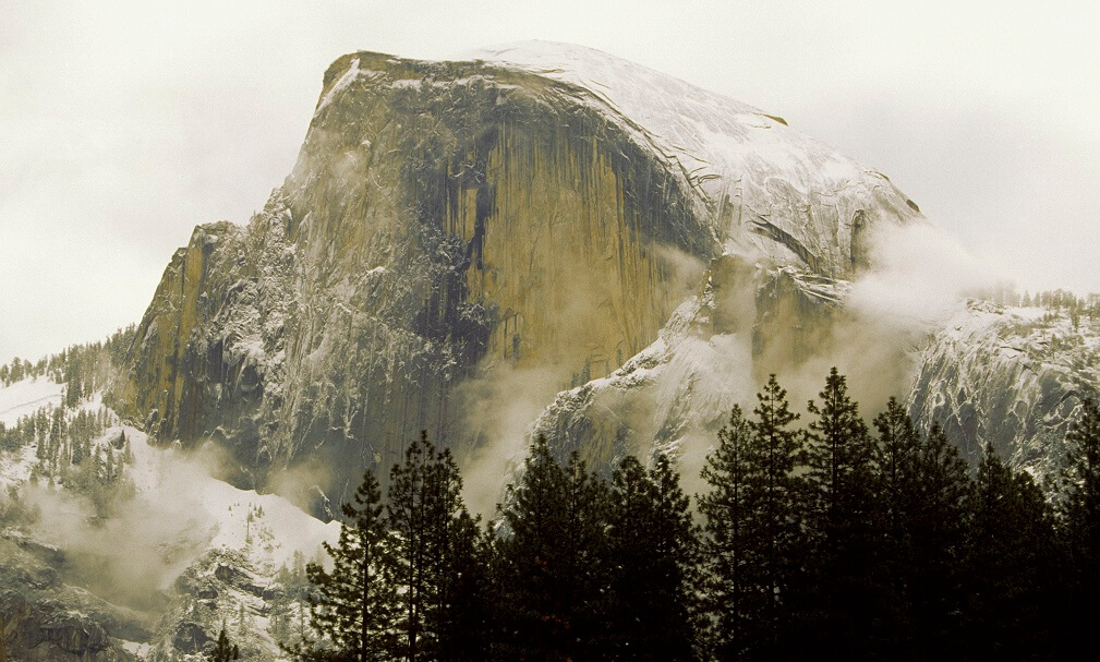 Snow on Half Dome in Yosemite National Park in California, USA