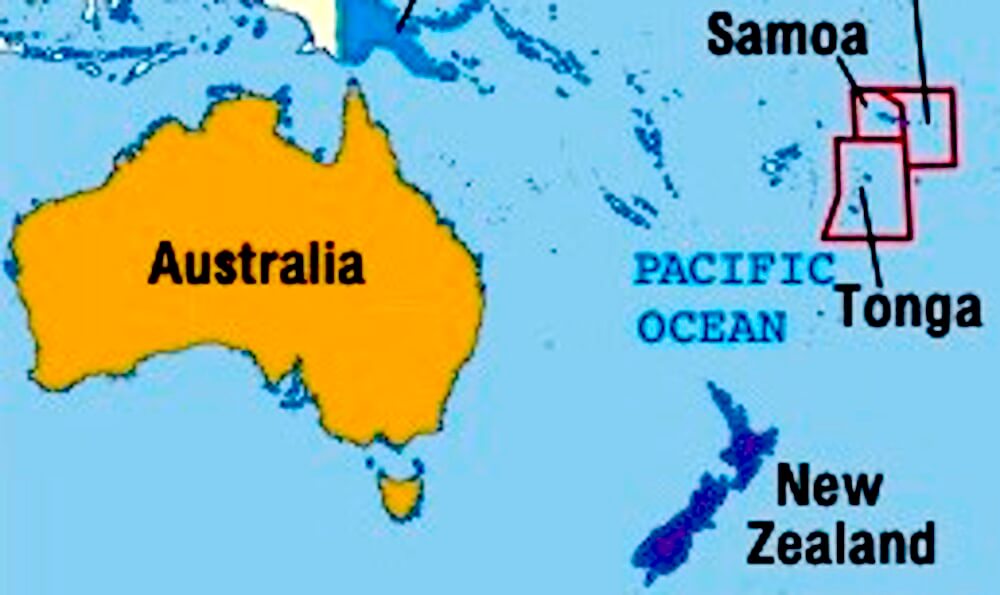 map showing Tonga off the East coast of Australia