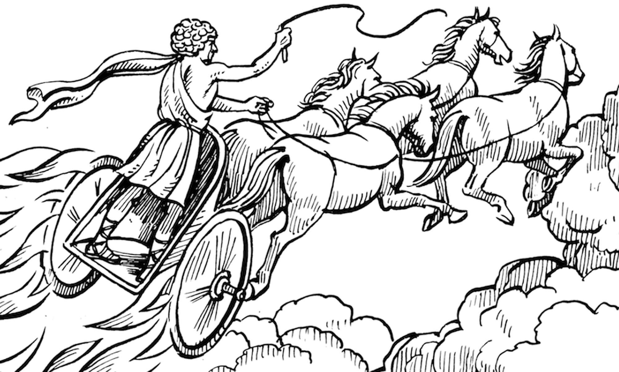 a sketch of Helios riding in a horse-drawn chariot through the sky