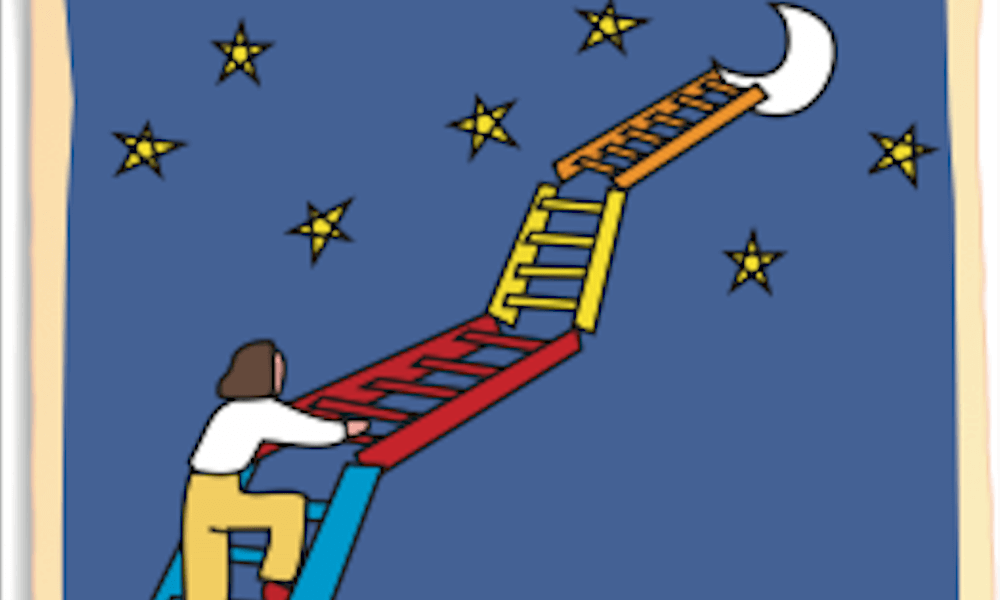 Illustration of a girl climbing ladders to reach the moon