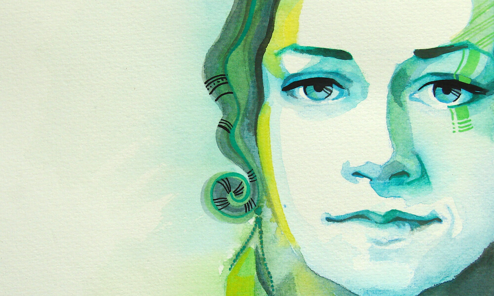 futuristic watercolor portrait of a girl