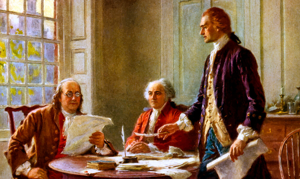 Digitally restored vector painting of Benjamin Franklin, John Adams, and Thomas Jefferson writing the Declaration of Independence.
