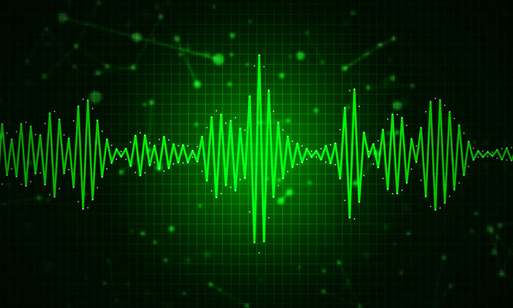 Audio spectrum waveform abstract graphic display for sound, music, recording, speech and voice recognition background.