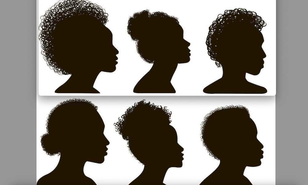 An illustration showing the silhouetted profiles of Black women with a variety of hairstyles