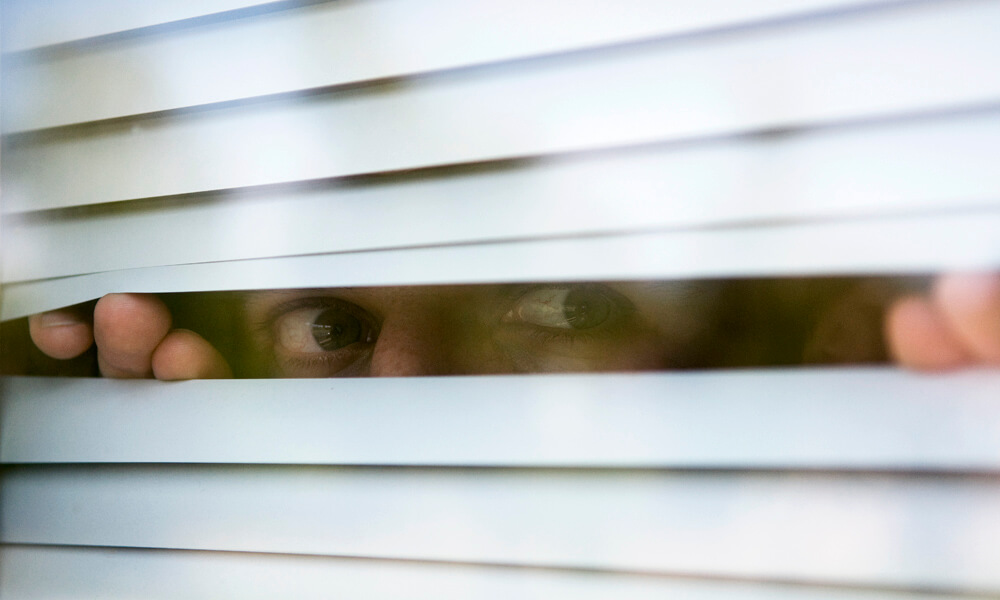 Man looks through window blinds