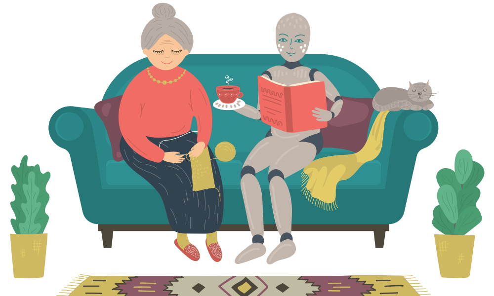 Robot reading book to senior woman sitting on sofa at home