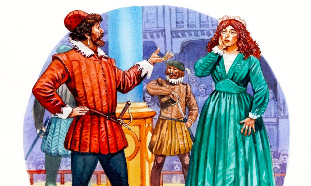 Illustration of actors performing a Shakespeare play