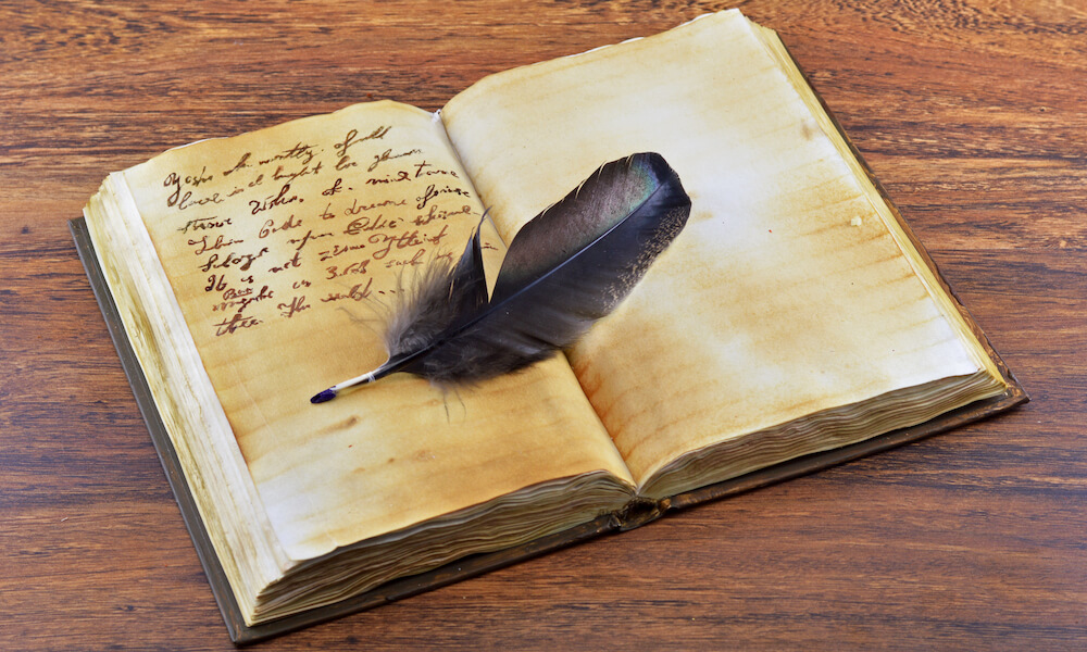 Old book with feather