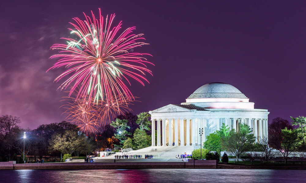 Jefferson Memorial with fireworks in Washington, DC