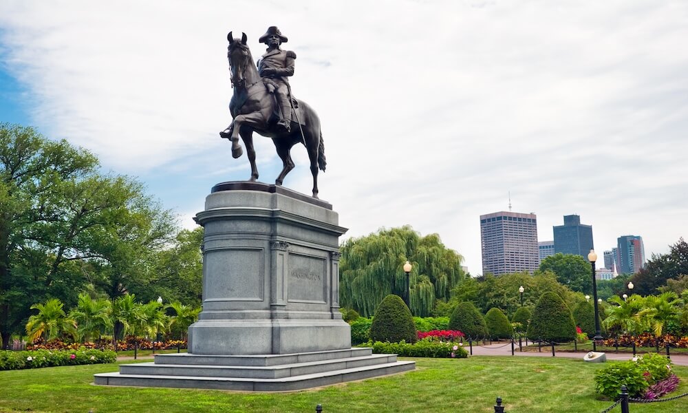 George Washington statue in Boston Common, with office buildings in background