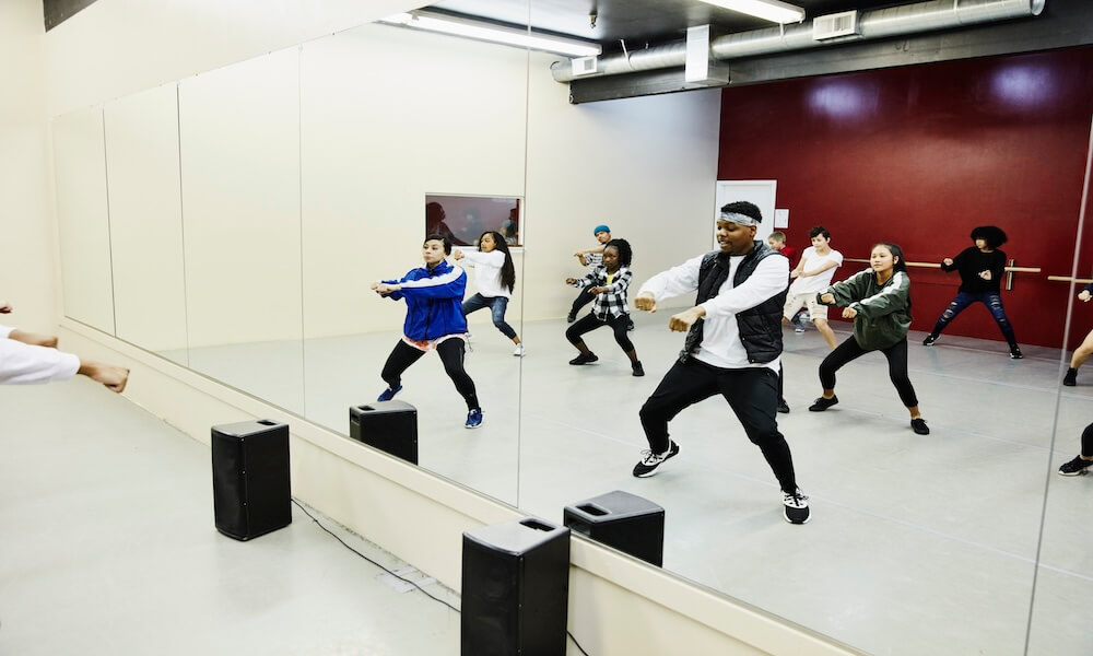 Hip hop dance group practicing in dance studio