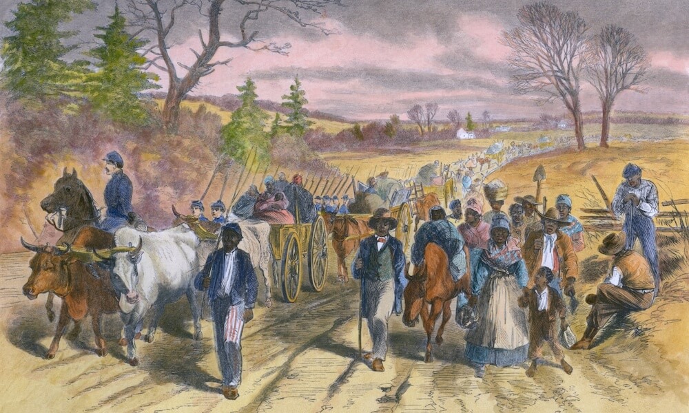 Shortly after the Emancipation Proclamation went into effect on January 1, 1863, many freed enslaved people escaped to the Union Army lines at Newbern -- wood engraving with modern color