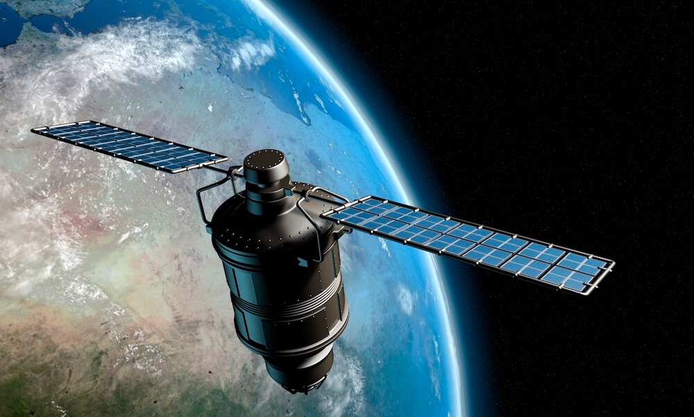 Satellite orbiting earth, photo-realistic high-res 3D rendering